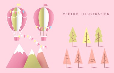 Dekorasyon, balon, dağ, pembe arkaplan, farklı ağaç türleri.