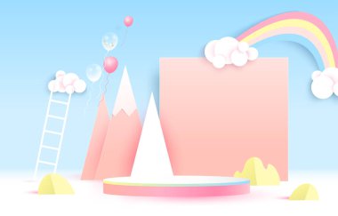 Ürünleri yerleştirmek için podyum. gökkuşağı dağ bulutları.