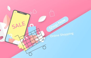 Online alışveriş, telefon, alışveriş arabası, satış, kağıt kesim ve zanaat stili.
