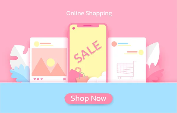 Shop Now Online Shopping Sale Phone Paper Cut Craft Style — Stock Vector