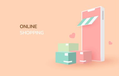 Online alışveriş, akıllı telefon, paket kutusu, perspektif tarzı. Vektör İllüstrasyonu.