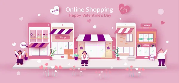 Konzept Happy Valentine Online Shopping lizenzfreie Stockillustrationen