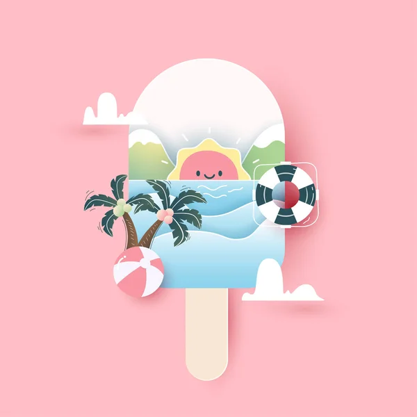Summer Ice Cream Sea Sun Clouds Swimming Ring Coconut Tree — Stock Vector