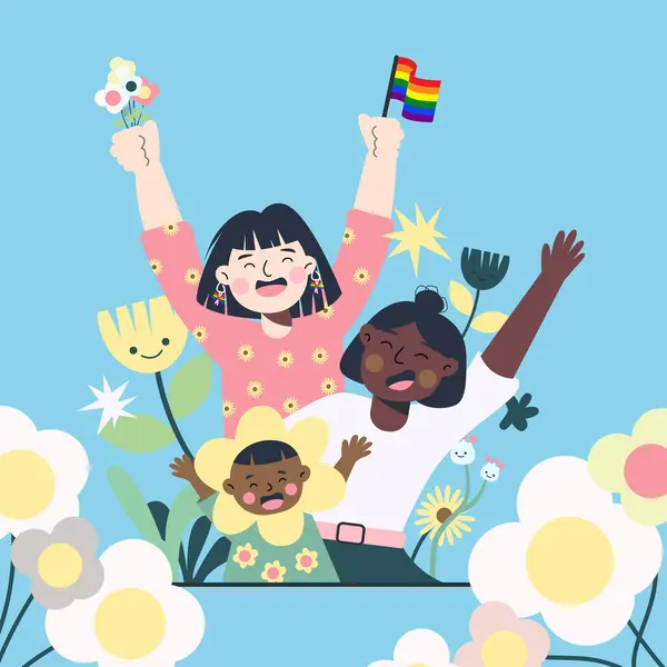 Zwei Mädchen Und Ein Kind Mit Lgbt Regenbogenfahne Konzept Voller Stockvektor