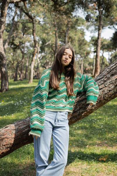 Brunette woman in knitted sweater and jeans looking at camera near tree in park 