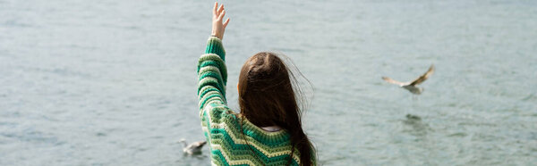 Back view of brunette woman in sweater standing near blurred seagulls on water in Turkey, banner 