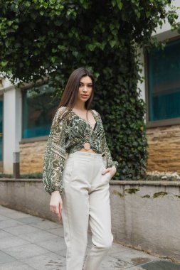 Uzun saçlı, modaya uygun giyinen, bej pantolonlu, kırpık bluzlu, zincir kayışlı el çantalı, bina ve İstanbul caddesinde yeşil ağaçla el ele yürüyen şık bir kadın. 
