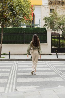 Uzun saçlı, modaya uygun giyimli, bej pantolonlu, kırpılmış bluzlu ve İstanbul 'da şehir caddesinde yaya geçidinde yürüyen zincir kayışlı el çantalı şık bir kadının arka planı.