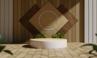 3 boyutlu podyum ürün sunumu, ahşap zemin ve duvarlı zemin ve bitki, yukarıdan gelen ışık bir gölge oluşturur
