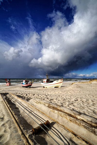 DABKI, POLAND: Cutters or fishing boats on the Baltic beach. Due to fishing restrictions, there are fewer and fewer of them.