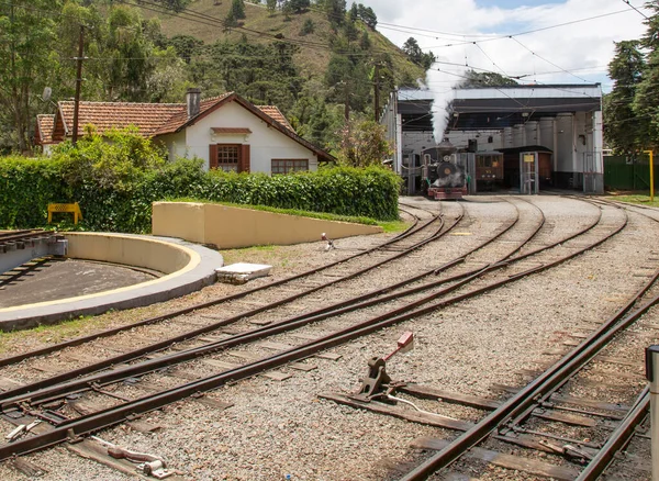 Τρένο Ατμού Στο Σταθμό Emilio Ribas Και Θέα Των Σιδηροδρομικών — Φωτογραφία Αρχείου