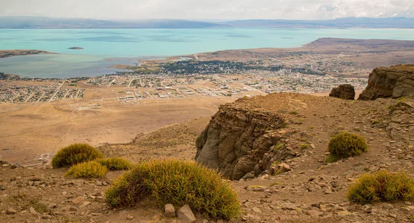 Panoramic view of the city of El Calafate and Lake Argentino. Top view.