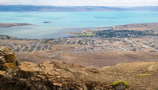 Panoramic view of the city of El Calafate and Lake Argentino. Top view.