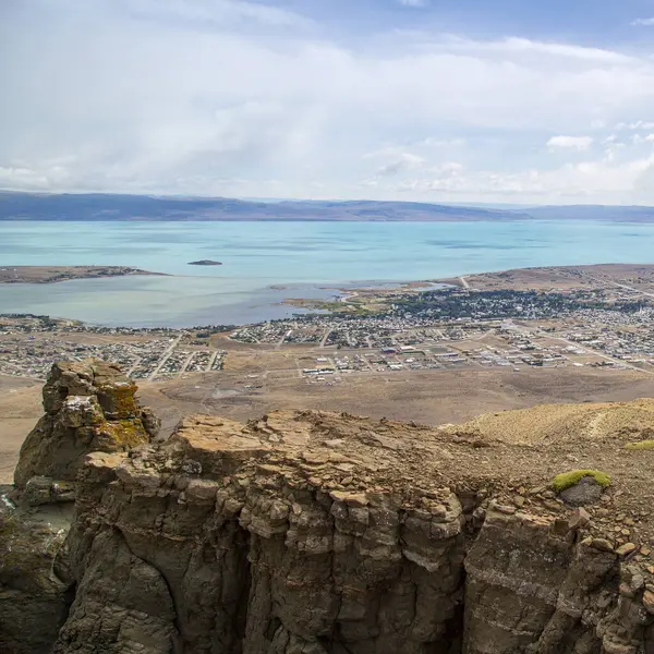 Panoramic view of the city of El Calafate and Lake Argentino. Top view.