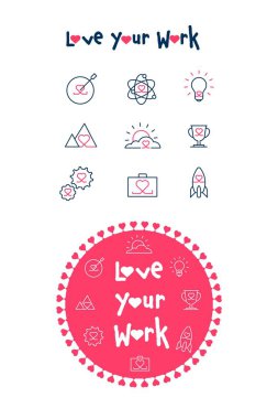 Çalışma Coşkusu Simgesi Ayarları: Mesleğinizi Sevdiğiniz İçin Vektör Simgeleri. Mesleğinizi sevmek, işinizi sevmek, işinizi sevmek, kariyer mutluluğu, iş memnuniyeti..