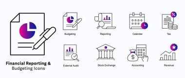 Mali Muhasebe ve Bütçe Simgeleri Ayarlandı. Finansal iletişim, finansal açıklama, mali beyanlar. Düzenlenebilir Vuruşu olan mükemmel Piksel Vektör Çizgisi simgeleri.