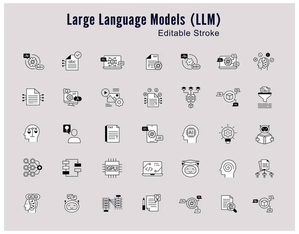 stock vector Language Model Concepts Line Icon Set: AI, NLP, Machine Learning. Editable Stroke Icons.