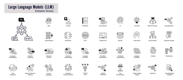 Dil Modeli Konseptleri Satır Simgesi Seti: AI, NLP, Makine Öğrenme. Düzenlenebilir Vuruş Simgeleri.
