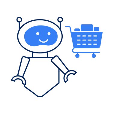 Robot Shopping Trolley Icon Design. Shopping Trolley Robot Icon. Robot Pushing Shopping Trolley Icon. Shopping Trolley with Robot Icon. Automated Shopping Trolley Icon. Vector Editable.	