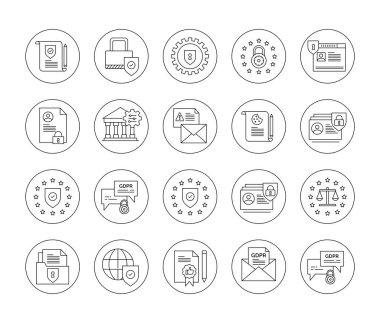 GDPR Gizlilik Politikası Simgesi Seti. GDPR Uyum Simgesi Veri Gizlilik Sigortası. Kişisel veriler korunuyor. Düzenlenebilir Vektör Vuruşları Simgeleri.