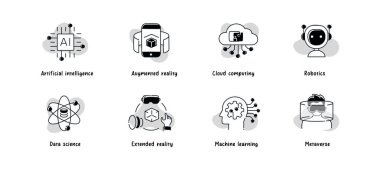 Bu kapsamlı ikon setiyle teknolojinin geleceğini araştırın. Robot biliminden, makine öğrenimine, yapay zekaya kadar, bu görseller dijital dünyamızı şekillendiren son teknolojileri temsil ediyor..