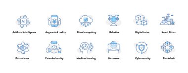 Bu kapsamlı ikon setiyle teknolojinin geleceğini araştırın. Robot biliminden, makine öğrenimine, yapay zekaya kadar, bu görseller dijital dünyamızı şekillendiren son teknolojileri temsil ediyor..