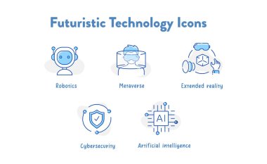 Bu ileri teknoloji ikonları koleksiyonuyla geleceği araştırın. Robot biliminden meta-evrene, bu semboller yenilik ve dijital gelişimin öncüleri..