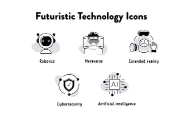 Bu ileri teknoloji ikonları koleksiyonuyla geleceği araştırın. Robot biliminden meta-evrene, bu semboller yenilik ve dijital gelişimin öncüleri..