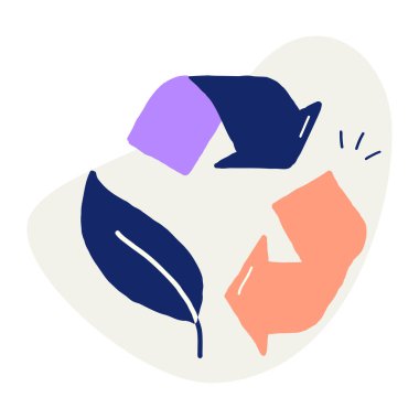 Bir yaprak ve iki okun yer aldığı geri dönüşümlü materyal ikonu, sürdürülebilir kaynak, yeşil yenilik ve çevre dostu materyal ve uygulamalara bağlılığı simgeliyor.