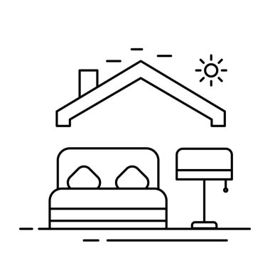 Yatak odası ikonu rahat bir geri çekilmeyi ve iyi tasarlanmış bir uyku alanının rahatlığını sembolize ediyor..