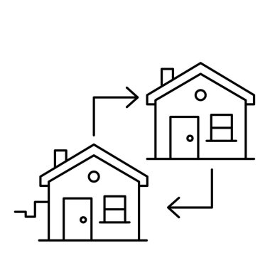 İki evi ve iki oku olan ikon mülkiyet değişimi ve emlak mülkiyetindeki geçişi temsil ediyor.