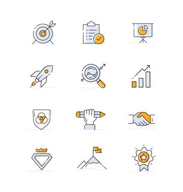 Temel şirket değerlerini, kültürünü, misyonunu ve ilkelerini temsil eden kapsamlı bir ikon seti. İş ahlakınızı görsel olarak aktarmak için ideal.