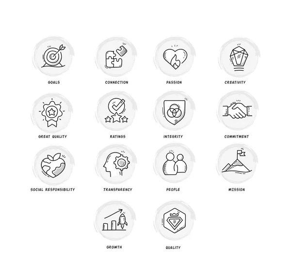 Temel şirket değerlerini, kültürünü, misyonunu ve ilkelerini temsil eden kapsamlı bir ikon seti. İş ahlakınızı görsel olarak aktarmak için ideal.