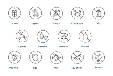 Alerjen Simgeleri. Gıda Alerjisi Uyarı ve Beslenme Kısıtlama Sembolleri. Düzenlenebilir Vuruşlu Vektör Simgeleri.