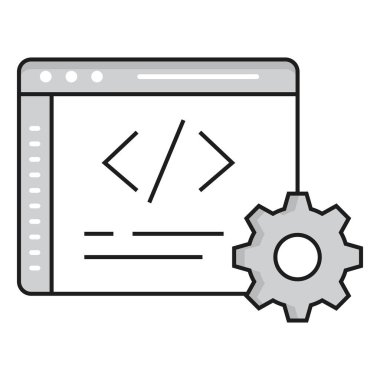 Web geliştirme, kodlama ve HTML kaynak kodlarını gösteren, programlama satırları ve etiketleri olan bir web sayfası tasvir eden bir simge.