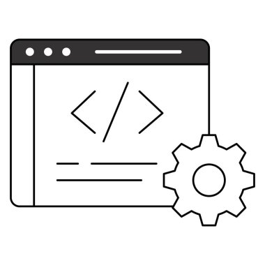 Web geliştirme, kodlama ve HTML kaynak kodlarını gösteren, programlama satırları ve etiketleri olan bir web sayfası tasvir eden bir simge.