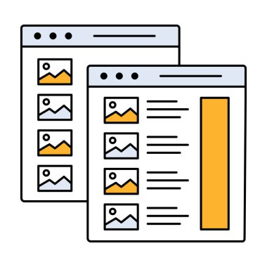 Metni, resim atlıkarıncasını, resim galerisini veya metin ile resim kaydırıcısını temsil eden dört resim simgesine sahip iki kademeli tarayıcı penceresinin simgesi.