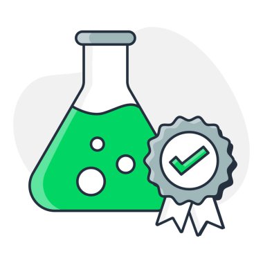  Yüksek kalite ve test edilmiş bir ikon, bir deney şişesi ve keneli bir rozet, kalite, güvence ve sertifikayı temsil ediyor..