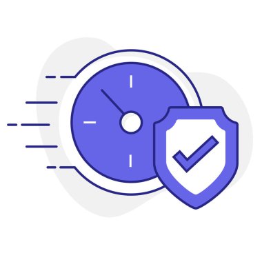 Hız, güvenlik, koruma ve güvenilirliği temsil eden, saati ve kalkanı olan hızlı ve güvenli bir simge.