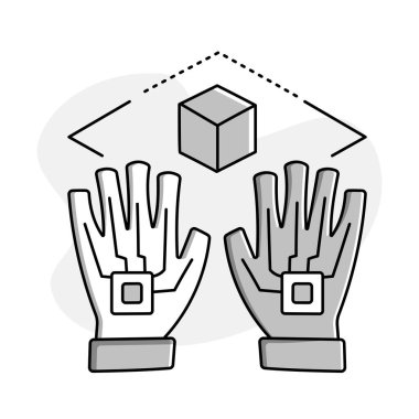 3B Etkileşim Simgesi. İki el, üç boyutlu bir nesneyle etkileşime girerek üç boyutlu etkileşimi, sanal ortamda nesneleri manipüle etme ve etkileşim kurma yeteneğini temsil eder..