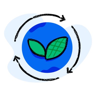 Orta Simgede İki Yaprak Olan Üç Dairesel Ok. Ortalarında sürdürülebilirlik, yenilenme ve büyümeyi temsil eden iki yapraklı üç dairesel oktan oluşan bir simge.