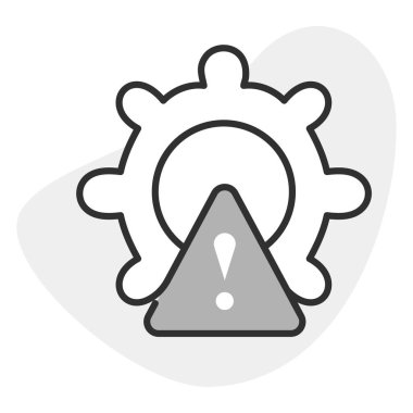 Uyarı sembollü bir dişli tasvir eden bir vektör simgesi, makine çalışmasında güvenlik ve ihtiyat ihtiyacını vurguluyor.