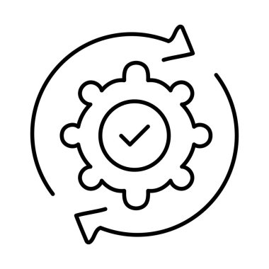 Ortasında kene işareti olan bir dişliyi çevreleyen iki dairesel oku içeren bir simge, rotasyon doğrulamasını ve operasyonel denetimleri simgeliyor.