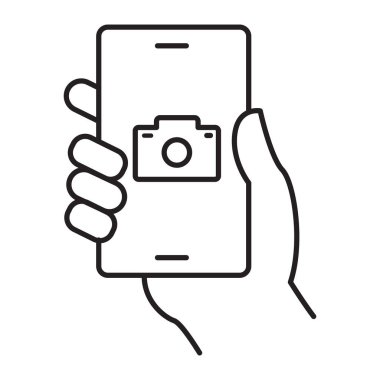 Ekranda kamera simgesi olan bir akıllı telefonu gösteren bir simge, akıllı telefon kamera modu, el kamerası fotoğrafçılığı, mobil fotoğraf uygulaması ve bir kamera fonksiyon ekranını vurguluyor.