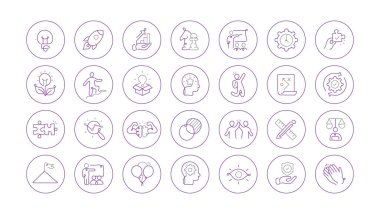 Yenilikçi Takım Yönetimi Simgeleri. Düzenlenebilir Felç Vektörü Simgeleri. Bu simge seti yenilikçi takım yönetimi için yaratıcı iş çözümlerini temsil etmektedir.