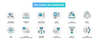 Veri bilimi ve mühendislik simgeleri: modelleme, dönüşüm, madencilik, hikaye anlatma, görselleştirme, büyük veri, bilgisayar görme, doğal dil işleme, yapay zeka, ML ve veri etik.