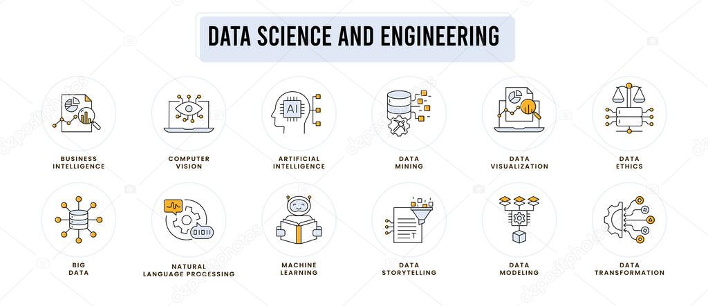 Data science and engineering icons: modeling, transformation, mining, storytelling, visualization, big data, computer vision, natural language processing, AI, ML, and data ethics.