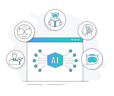 Kapsamlı Yapay Zeka Simgeleri: Makine Öğrenme, NLP, Robotik ve Ötesi. Vektör Düzenlenebilir Vuruşlar ve Renkler.