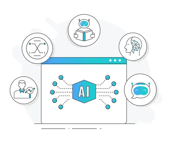 Kapsamlı Yapay Zeka Simgeleri: Makine Öğrenme, NLP, Robotik ve Ötesi. Vektör Düzenlenebilir Vuruşlar ve Renkler.