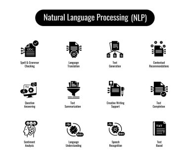 Natural language processing icons. NLP icons. Analyze text, translate languages, and generate speech. Vector Icons. clipart